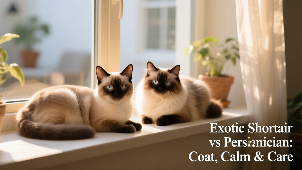 A happy Exotic Shorthair and Persian resting side by side on a sunlit windowsill, illustrating their shared calm demeanor and distinct coat textures