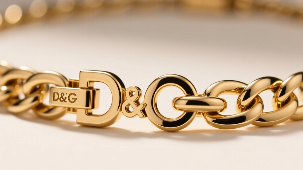 Macro view of a gold-plated brass chain link from a D&G necklace, showing the smooth finish and a sturdy lobster clasp mechanism.