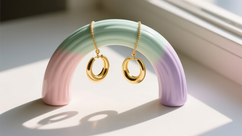 Top-down view of a pastel polymer clay arch jewelry holder displaying gold hoop earrings, bathed in soft, warm morning window light.
