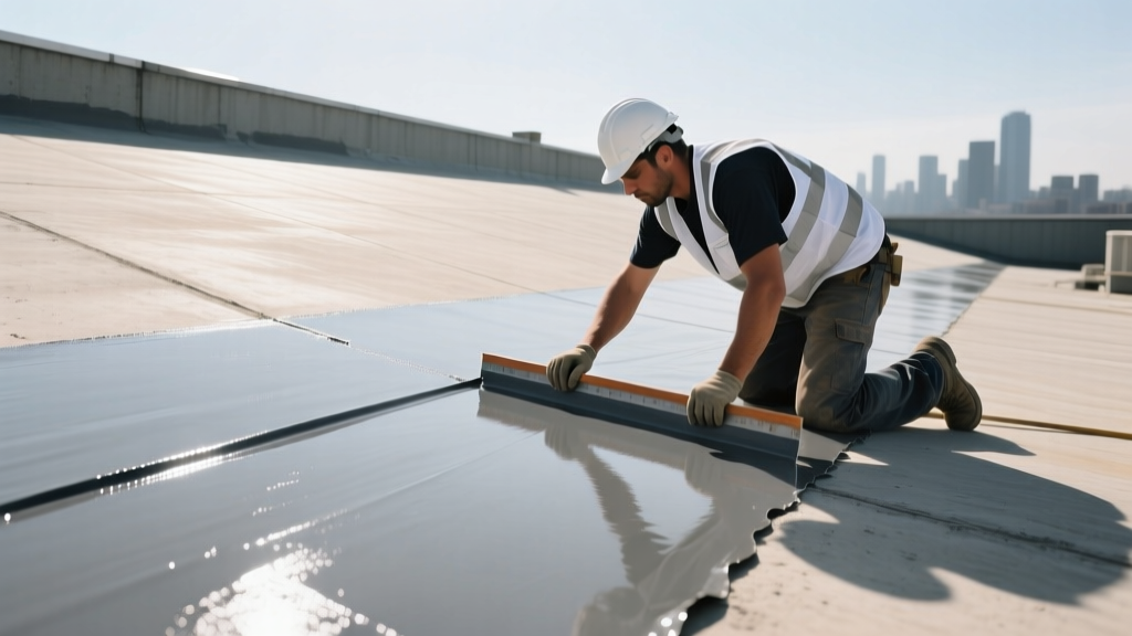 Contractor applying glossy gray polyurethane waterproofing membrane to a concrete roof using a notched squeegee in bright daylight