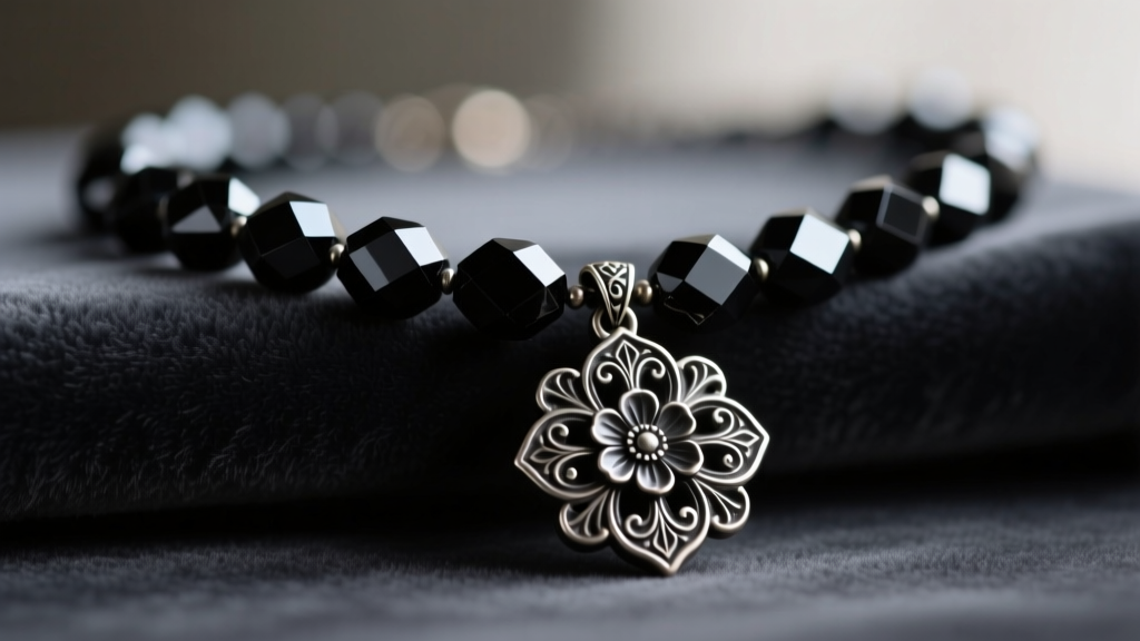 Close-up of a Victorian Whitby jet necklace with faceted beads and a carved floral pendant resting on dark velvet in soft lighting.