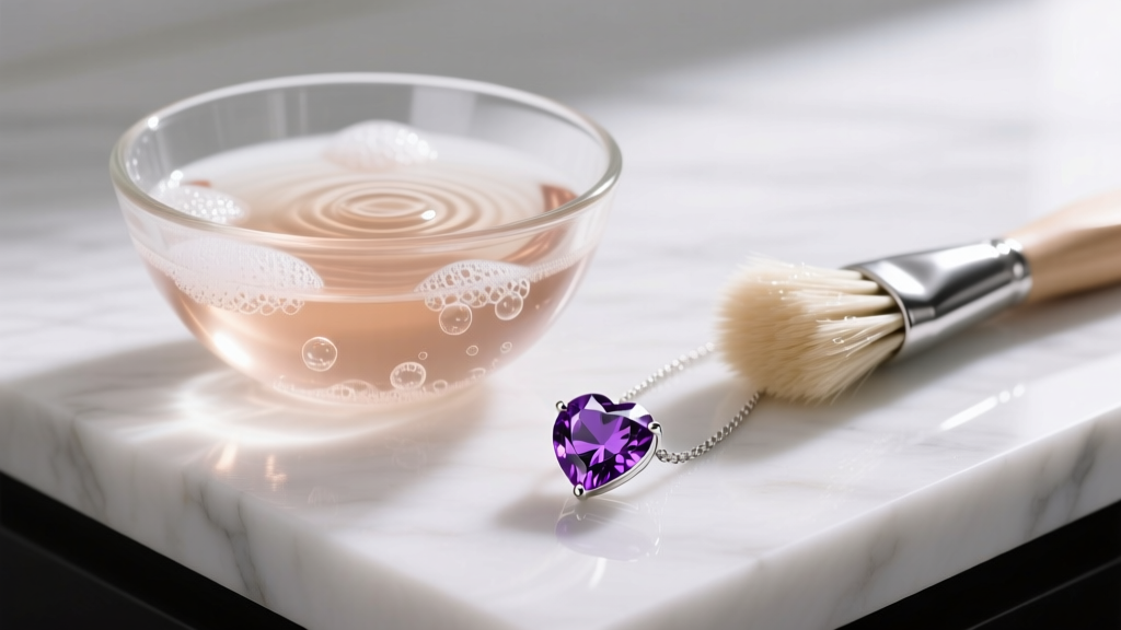 Glass bowl of warm soapy water and a soft-bristled brush next to a purple sapphire heart necklace on a white marble countertop