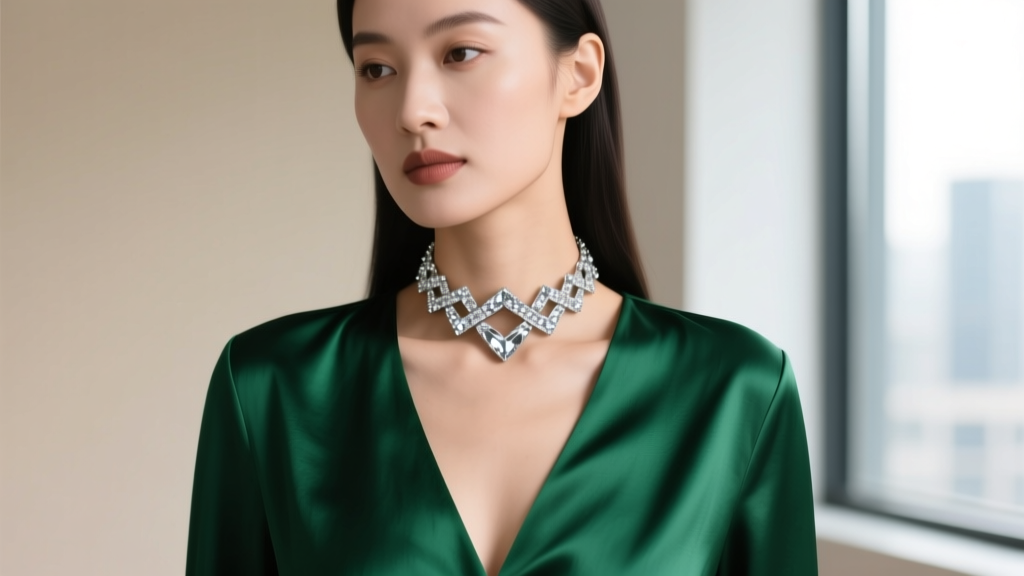 Editorial shot of a woman in a deep-v silk blouse wearing an asymmetric rhinestone choker necklace in sterling silver.