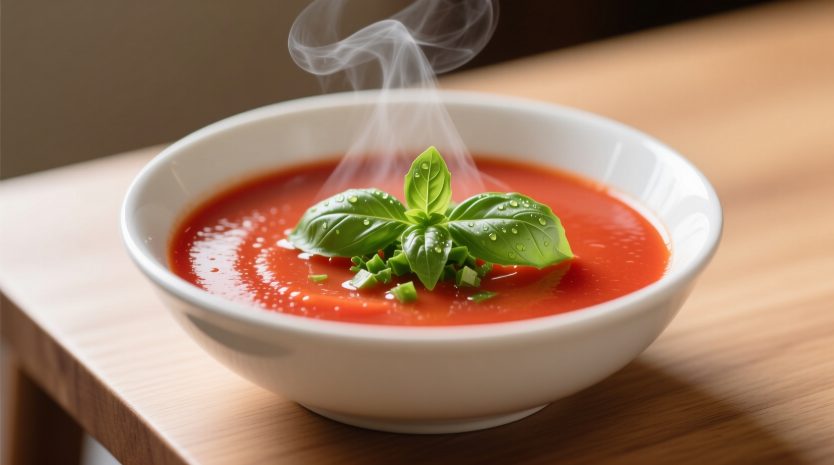 Fresh tomato soup in white bowl with basil garnish