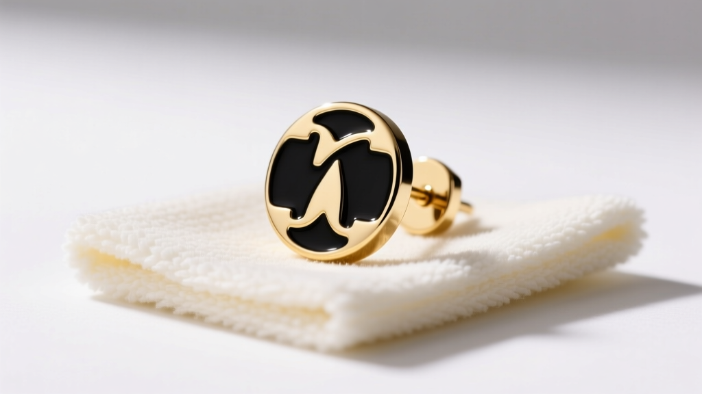 Gold-plated Kate Spade earring with black enamel logo resting on a soft microfiber cleaning cloth under bright studio lighting