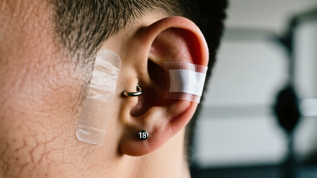 Clear medical tape applied over an 18-gauge titanium lobe stud on an athlete's ear before an outdoor soccer match