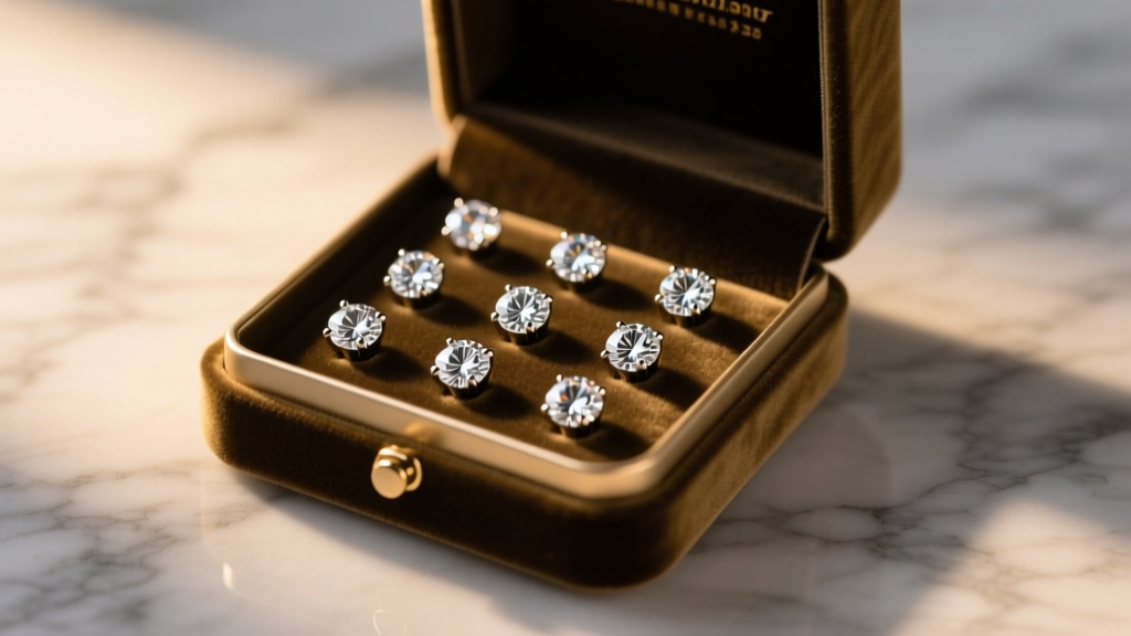 Velvet gift box opened on marble revealing sparkling implant-grade titanium flat-back labret studs under soft warm studio lighting