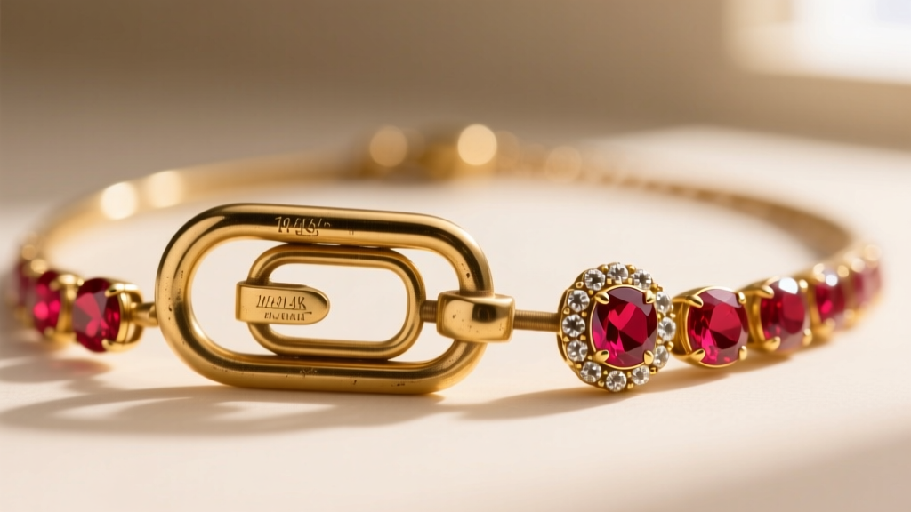 Macro view of a 1940s Retro 14k gold vintage ruby necklace clasp showing a traditional trombone push mechanism and worn hallmarks