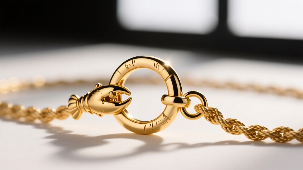 Macro view of a 14k gold lobster clasp and soldered jump ring on a rope chain, illuminated by bright jeweler
