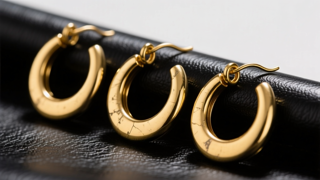 Macro shot of three gold hoop earrings on black leather, highlighting a 16-gauge wire for accurate 80s rocker cosplay styling