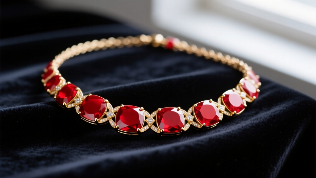 Close-up of a Demi Diva red necklace with glossy red enamel stones and gold-tone chain links resting on dark velvet.