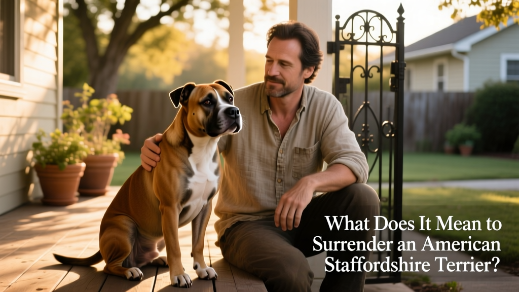 An American Staffordshire Terrier sitting calmly beside a person, illustrating the bond between owner and dog