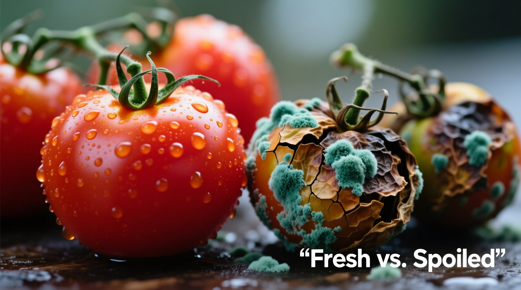 Close-up of fresh tomatoes next to spoiled tomatoes with mold