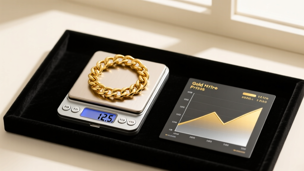 A digital jewelry scale weighing a delicate 14k yellow gold Cuban link chain, displaying 12.5 grams next to a gold price chart.