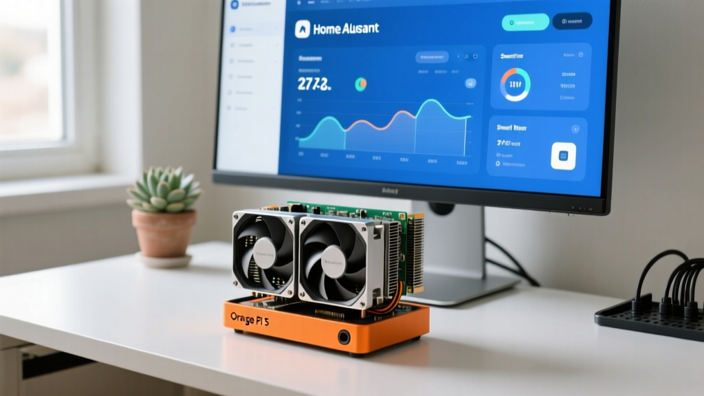 Orange Pi 5 single-board computer with official dual-fan active cooler attached, running a Home Assistant dashboard on a nearby monitor