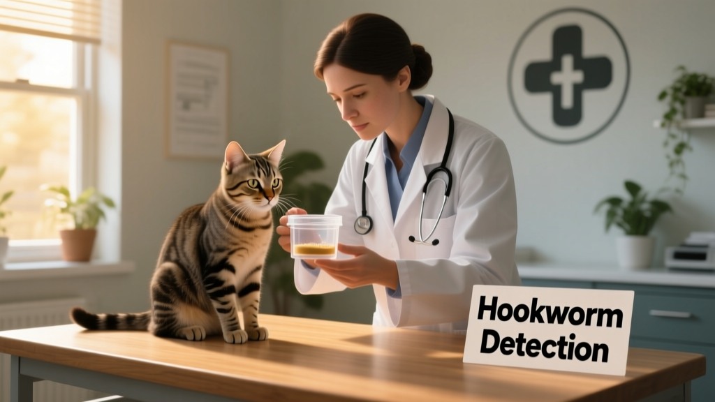 Veterinarian examining a cat while holding a fecal sample container