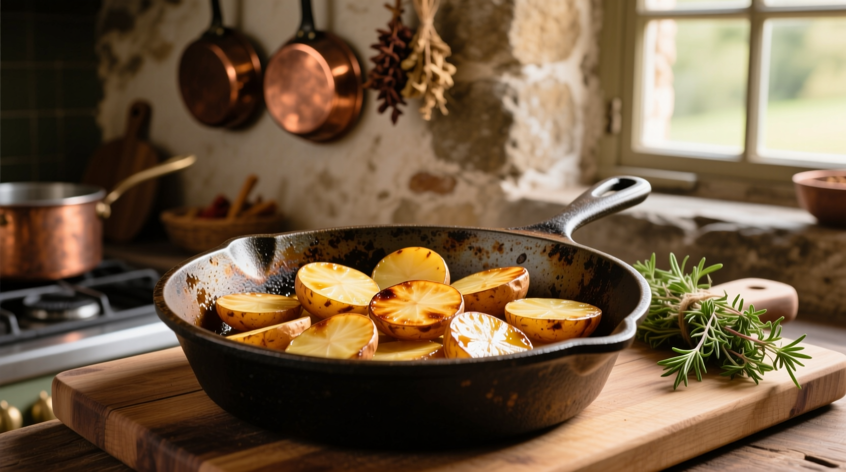 Golden brown sliced potatoes in cast iron skillet