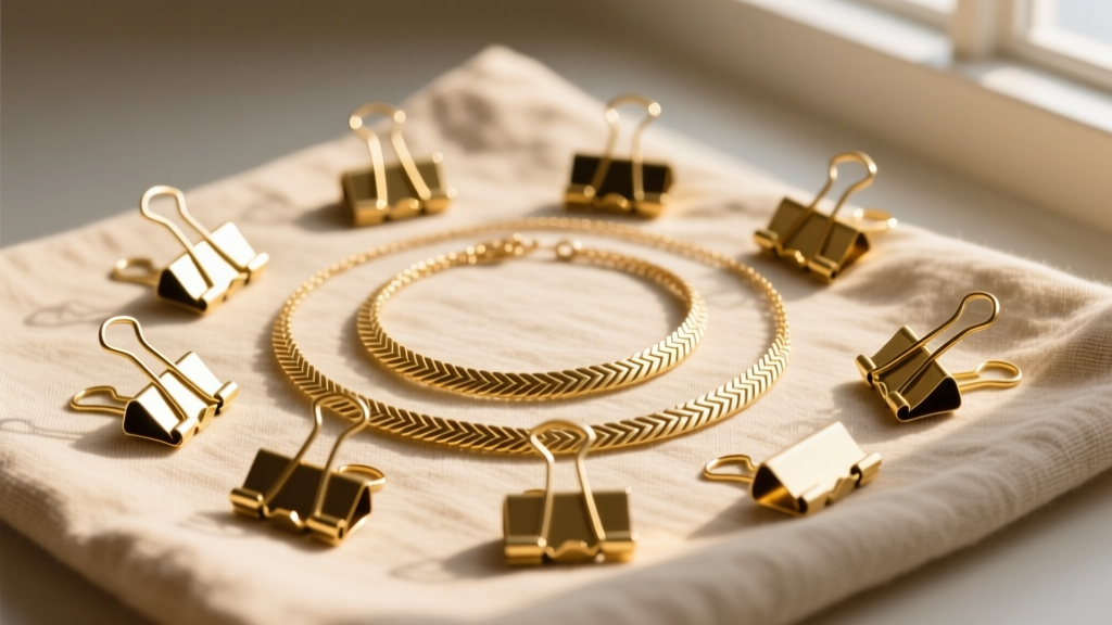 Flat lay of layered 14k gold-filled paperclip and herringbone necklaces resting on textured beige linen cloth in warm sunlight.
