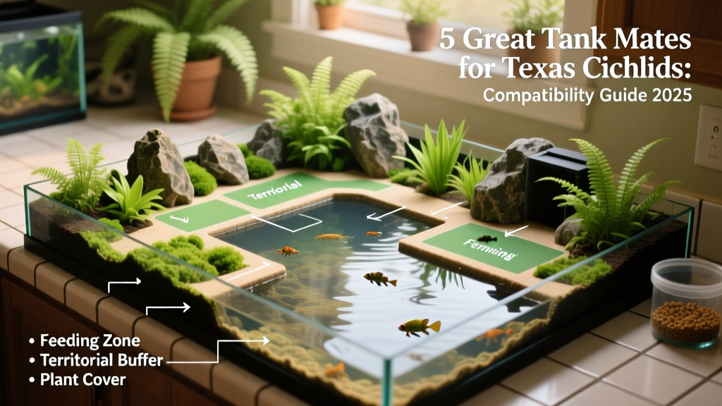Aquarium layout diagram showing strategic placement of rocks, plants, and open zones to minimize conflict between Texas Cichlid and tank mates