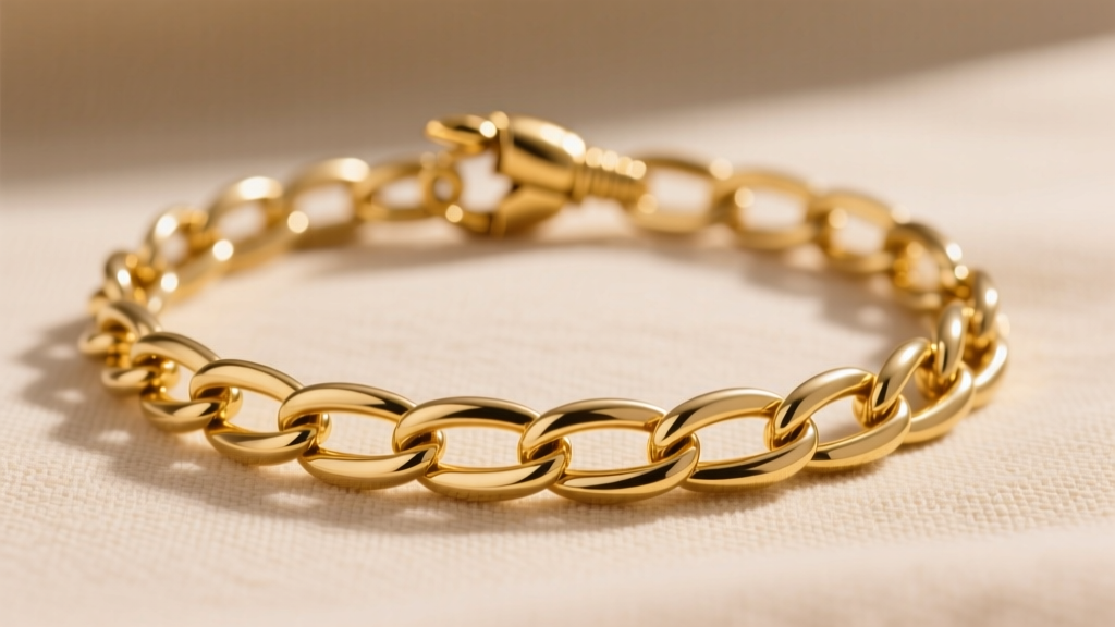 Macro shot of a 14k yellow gold cable chain necklace on beige linen, showing uniform oval links and a lobster clasp