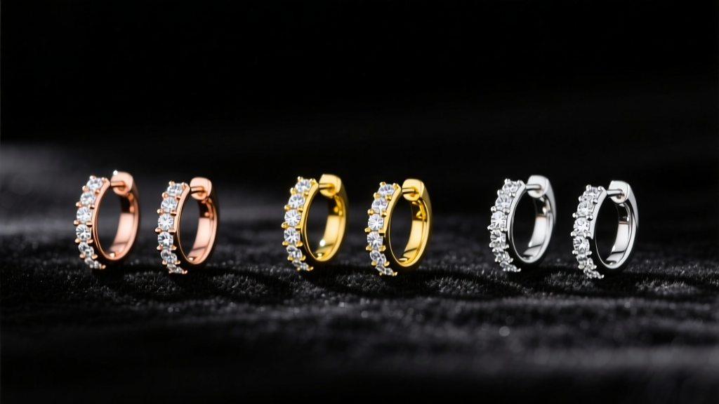 Three pairs of small hoop diamond earrings laid out on black velvet: one in rose gold, one in yellow gold, and one in platinum.