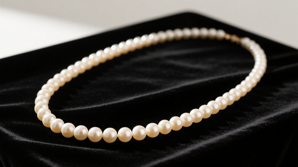 Vintage long pearl necklace on dark velvet, showing stretched silk gaps between 7mm cream pearls under soft directional lighting