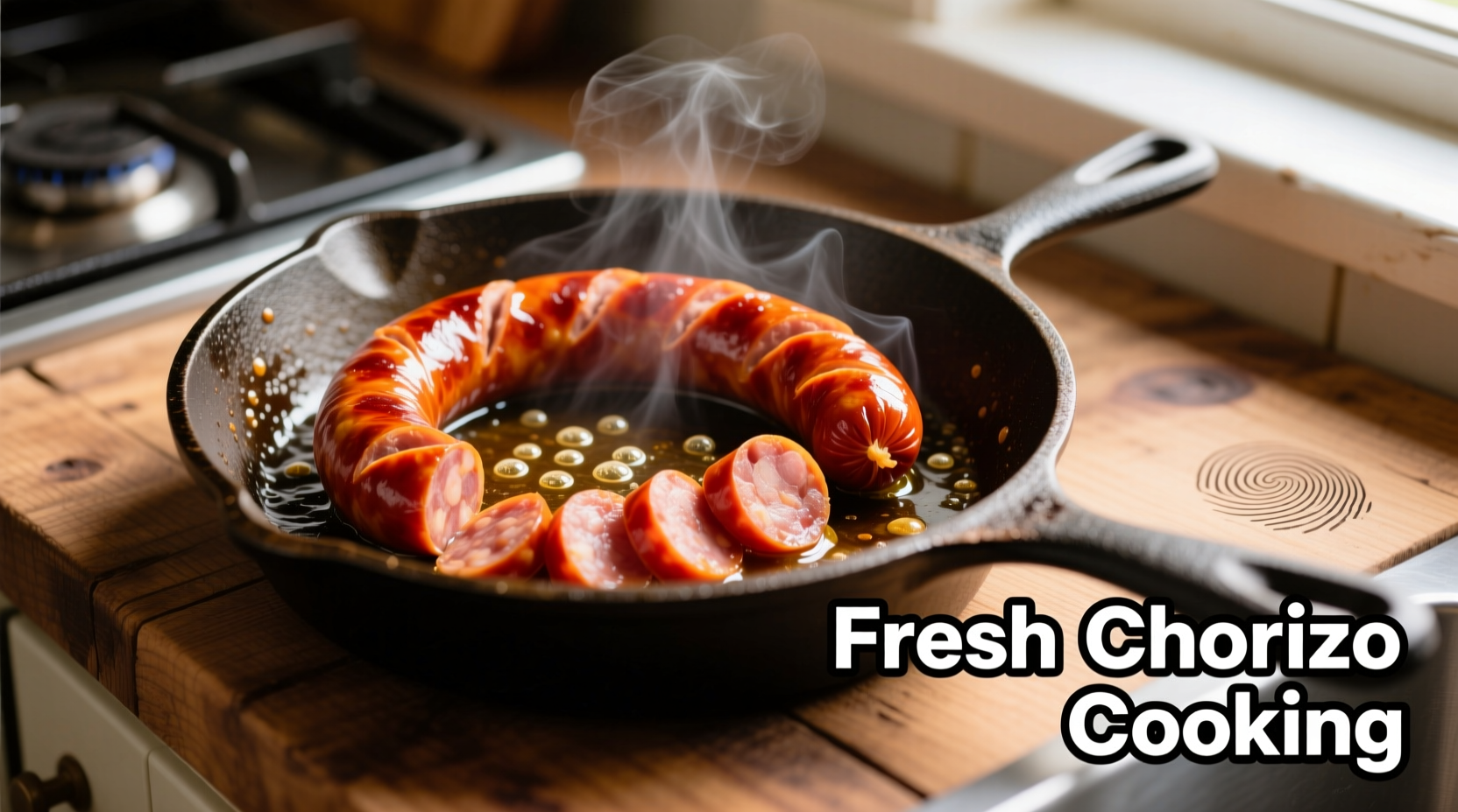Fresh chorizo cooking in cast iron skillet
