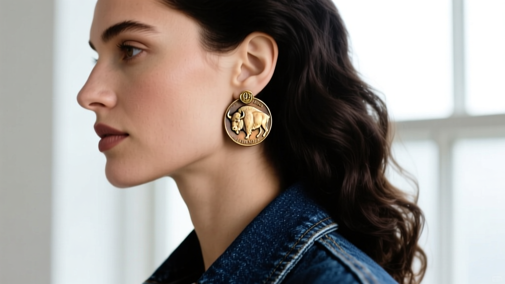 Side profile of a woman wearing altered 1937 buffalo nickel stud earrings, showing the coin texture against a denim jacket collar.