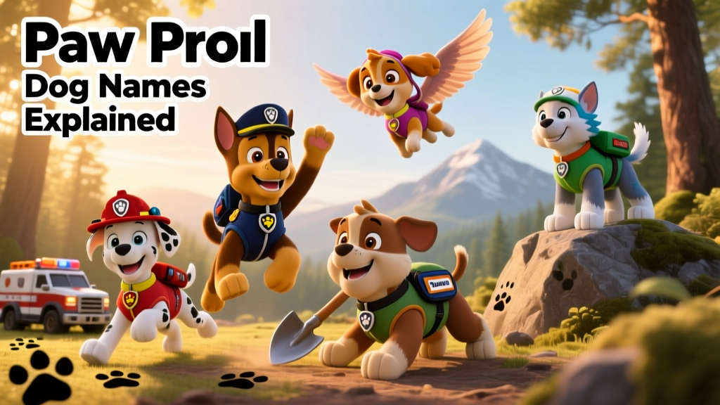 A cheerful group of animated PAW Patrol dogs in action poses with their pup packs