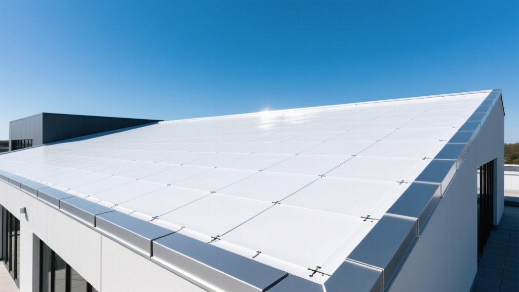 Commercial building rooftop featuring a fully adhered white TPO membrane roof with heat-welded seams and aluminum edge flashing under clear skies
