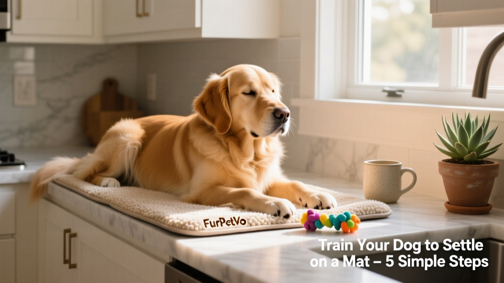 Side view of a relaxed dog resting on a FurPetVo mat beside a kitchen counter, with a chew toy nearby