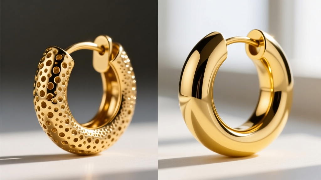 Side-by-side macro comparison of porous gold-plated brass versus dense, reflective solid 14k yellow gold tube hoop earrings.