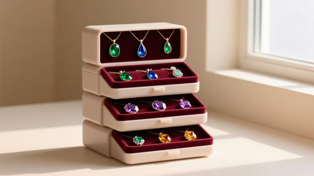 Stackable modular plastic jewelry storage boxes with velvet compartments displaying neatly organized gemstone pendants.
