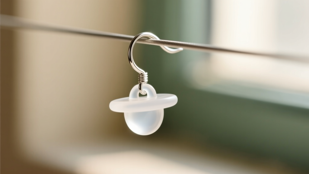 Macro shot of a clear silicone earring stopper sliding onto a silver fishhook earring wire, soft natural lighting, blurred background.