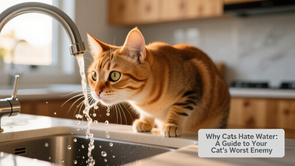 Close-up of a cat cautiously sniffing a running faucet