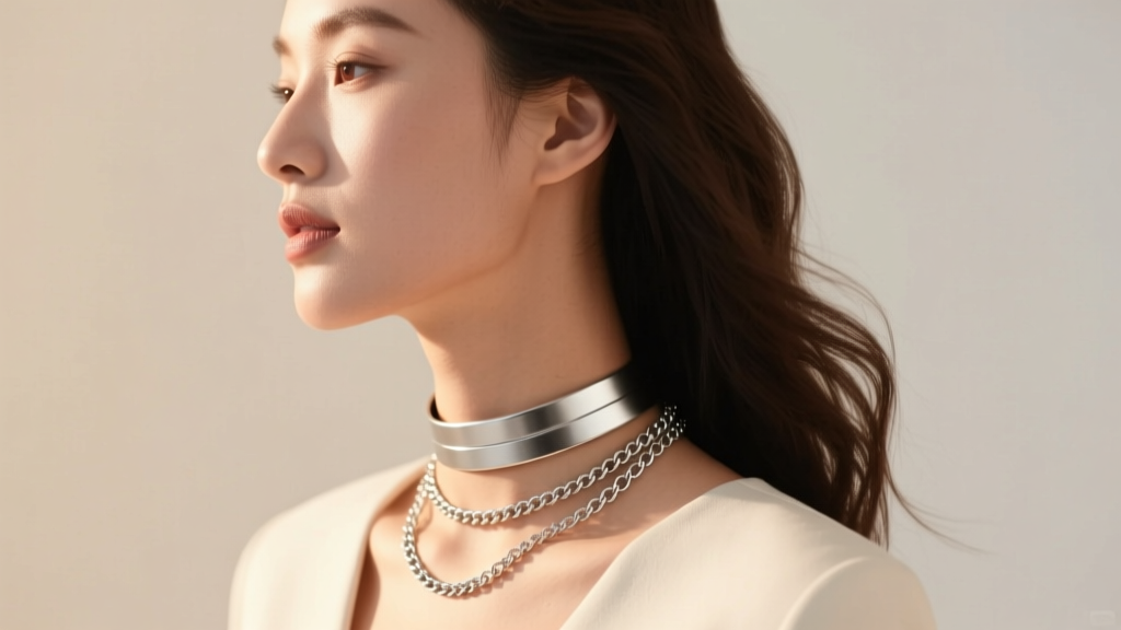 Side profile of a woman showcasing a layered stack with a 14-inch silver choker and an 18-inch chain in natural daylight.