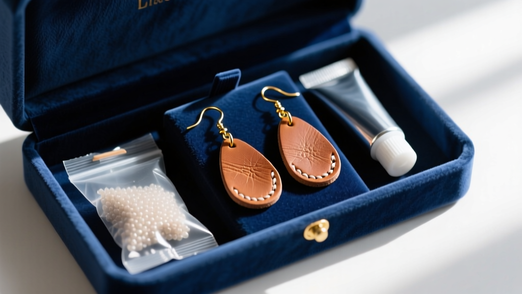 Flexible jewelry glue next to repaired vegan leather drop earrings stored inside a velvet-lined box with silica gel packets