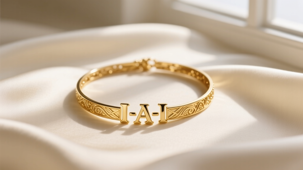 Elegant flat lay of a 14k solid gold 3 initial necklace resting on cream silk fabric, soft natural window lighting, high detail.