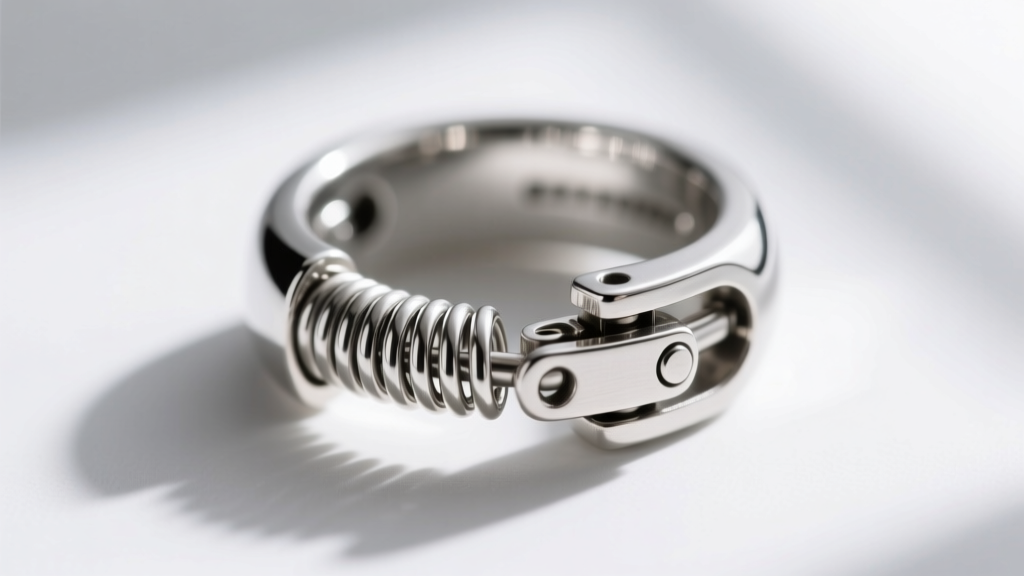 Macro view of a disassembled sterling silver spring ring clasp showing the internal coiled steel spring and locking trigger.