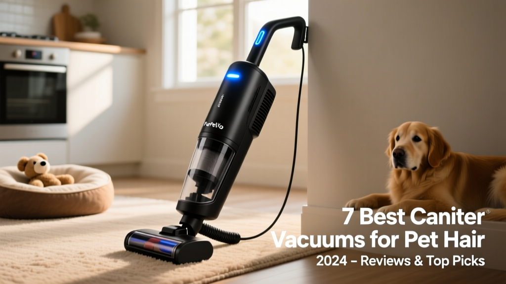 Side view of the FurPetVo Electric Canister Vacuum showing its slim profile, LED indicator light, and cord-wind mechanism
