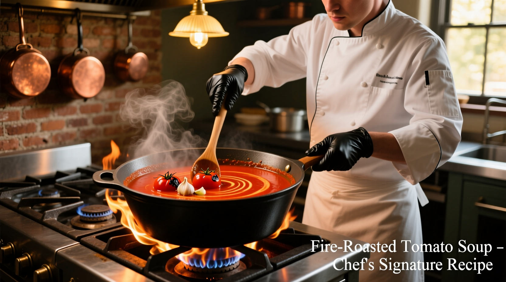 Chef stirring fire roasted tomato soup in cast iron pot