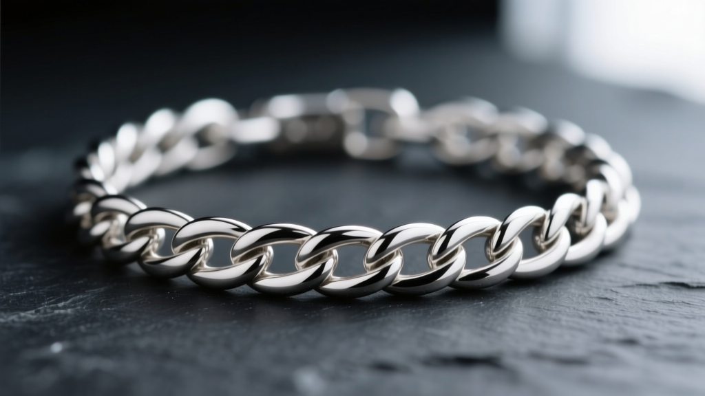 Close-up of sterling silver wheat chain showing four-strand woven links and a matte finish against a dark slate background.