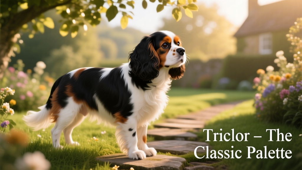A side profile of a Tricolor Cavalier King Charles Spaniel standing in soft natural light, highlighting the black, tan, and white coat pattern