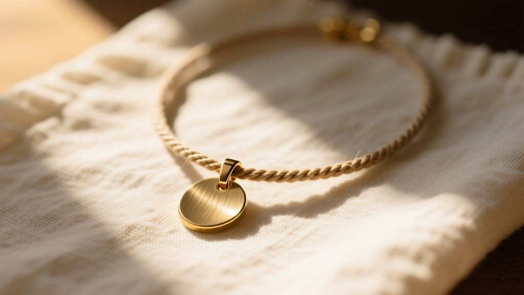 Flat-lay of a 2mm waxed hemp necklace with a brushed brass pendant resting on textured linen cloth under warm, natural sunlight