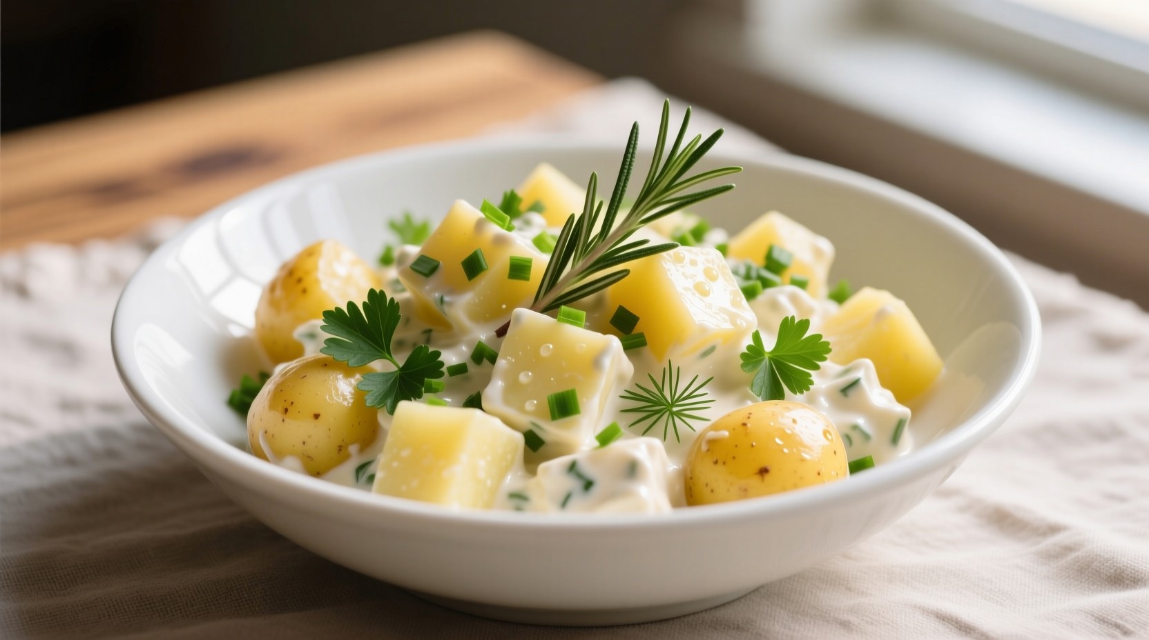 Creamy potato salad in white bowl with fresh herbs