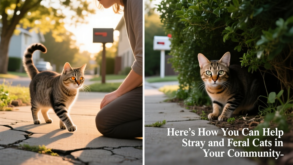 Side-by-side comparison showing a friendly stray cat approaching a person versus a feral cat hiding under bushes