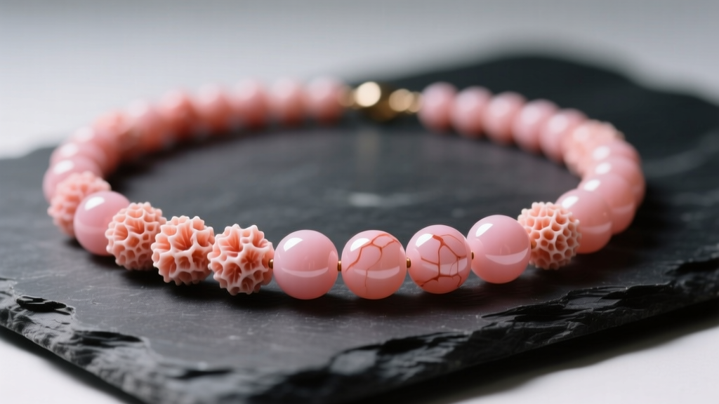 Macro shot of a pink coral necklace on dark slate, showing organic texture and polished beads under soft, diffused natural light