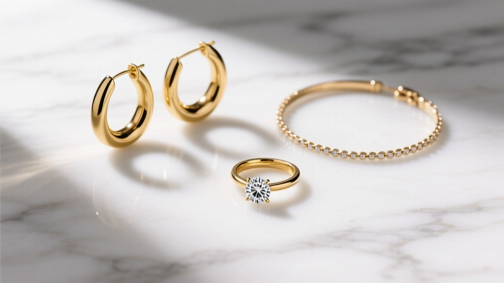 Flat lay of a minimalist jewelry capsule with gold hoop earrings, a delicate tennis bracelet, and a solitaire ring on white marble.