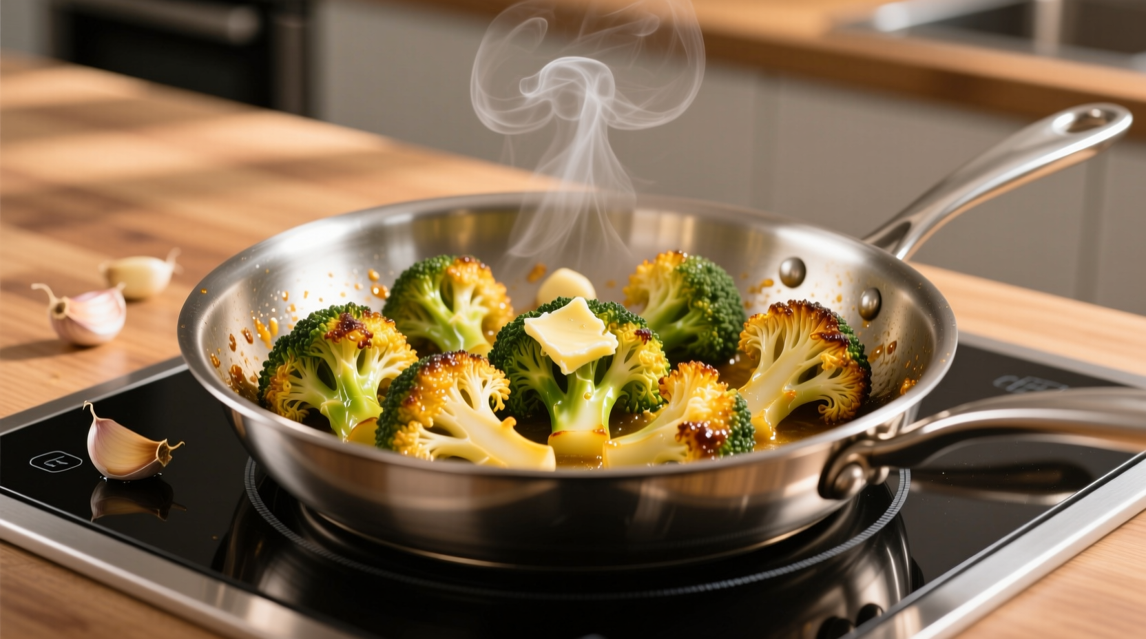 Golden broccoli florets with garlic in stainless steel pan