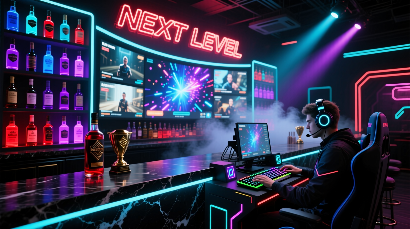 gaming bar setup with RGB-lit liquor bottles too flashy or next level